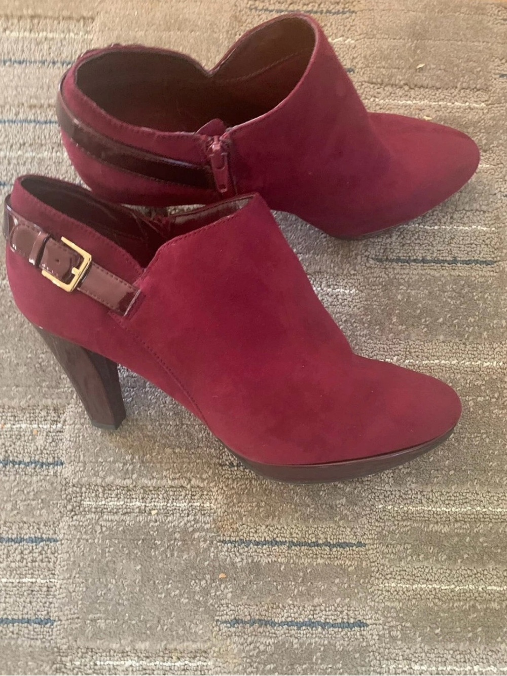 East 5th Wine Suede High Heel Booties with Buckle